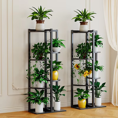 Indoor Potted Plants Display On Black Multi tier Plant Stands With Greenery And Yellow White Pots 3d model