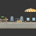 Playful Cartoon Beach Scene With Sand Water Umbrella Beach Chairs And Lifebuoy 3d model