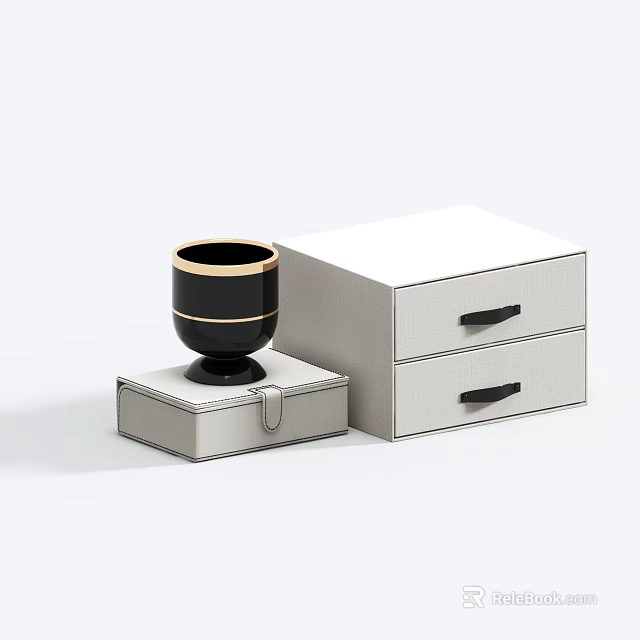Black Cup With Gold Rim On White Box Next To White Two Drawer Cabinet 3d model 