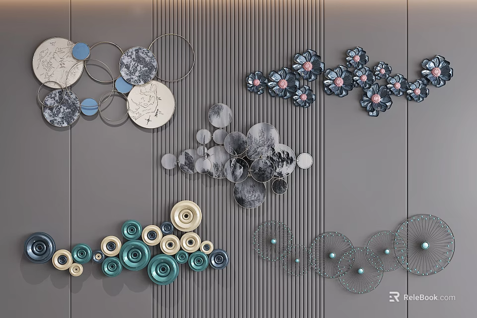 Modern Wall Decor With Circular Floral Metal Designs In Blue And Gray Tones 3d model 