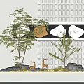 Indoor Landscape Featuring Trees Deer Figurines Moss Stones White Grid Wall and Decorative Painting