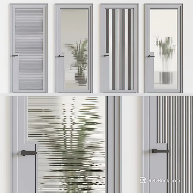 Modern Interior Hinged Doors Featuring Louvered Design And Glass Panel Details 3d model