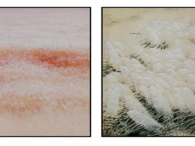 Beautiful Plant Paintings Featuring Grassy Field With Red Patches And White Reeds With Bird 3d model
