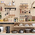 Organized Kitchenware Storage on Wooden Shelves with Pots Kettles Knives Spice Jars and Dishes