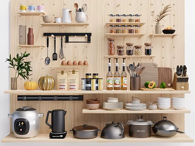 Organized Kitchenware Storage on Wooden Shelves with Pots Kettles Knives Spice Jars and Dishes 3d model