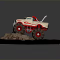 White Off Road Truck Model With Red Flame Large Tires Rocks Dirt On Dark Background