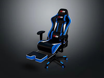 Ergonomic Black And Blue Gaming Chair With Red Logo Extendable Footrest And Rolling Wheels 3d model