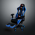 Ergonomic Black And Blue Gaming Chair With Red Logo Extendable Footrest And Rolling Wheels
