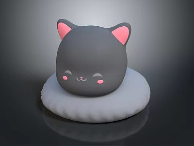 Cute Grey Cat Character With Pink Ears Cheeks And Closed Eyes On White Cushion 3d model