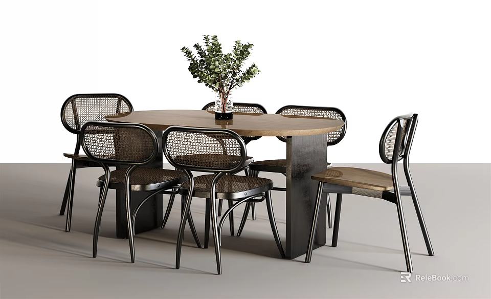 Round Dining Table Set With Rattan Back Chairs Wooden Seat Metal Legs Green Plant Vase 3d model 