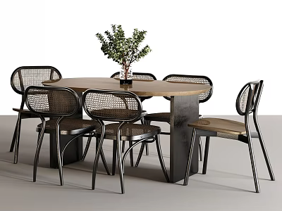 Round Dining Table Set With Rattan Back Chairs Wooden Seat Metal Legs Green Plant Vase 3d model