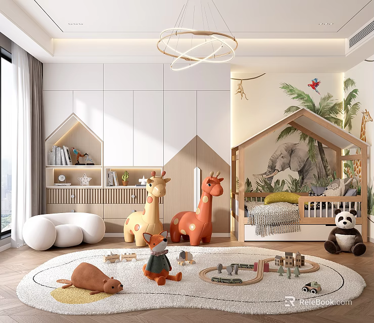 Kids Bedroom With Plush Toys Play Rug And Nature Mural 3d model 