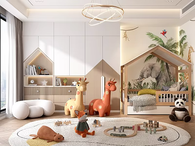 Kids Bedroom With Plush Toys Play Rug And Nature Mural 3d model