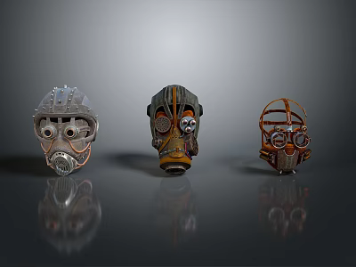 Unique Steampunk Masks Display With Intricate Mechanical Design And Metallic Finish 3d model