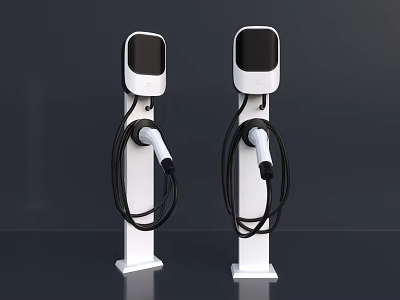 Dual Modern White Electric Vehicle Charging Stations With Black Charging Cables 3d model