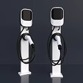 Dual Modern White Electric Vehicle Charging Stations With Black Charging Cables