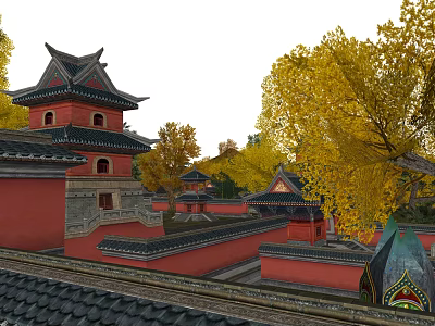 Ancient Chinese Architecture With Red Walls Curved Eaves And Yellow Ginkgo Trees 3d model