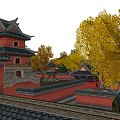 Ancient Chinese Architecture With Red Walls Curved Eaves And Yellow Ginkgo Trees