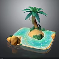 3D Tropical Island Model With Palm Tree Blue Water Sandy Beach And Rocks