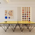 Modern Ping Pong Table With Yellow Surface And Wall Mounted Sports Equipment Storage