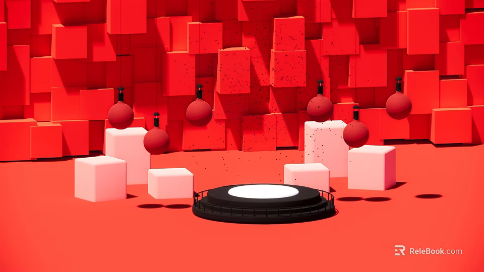 Red Cube Background With White Cubes Red Spheres And Black Circular Display Platform 3d model