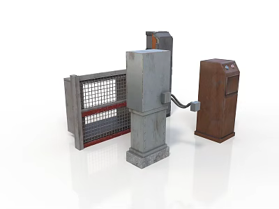 Security Access Control Components With Metal Grid Gate Gray Concrete Pillar And Brown Payment Machine 3d model