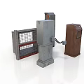 Security Access Control Components With Metal Grid Gate Gray Concrete Pillar And Brown Payment Machine