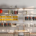 Modern Metal Shelving Unit with Yellow Storage Boxes Gray Bins Books and Decorative Items
