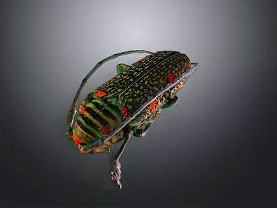 Vibrant Colorful Beetle With Intricate Patterns Long Antennae And Shiny Body On Dark Background 3d model