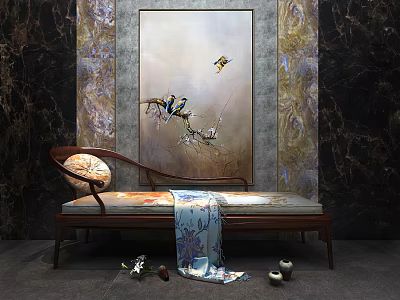 Chinese Style Daybed With Floral Cushion And Traditional Bird Flower Painting 3d model