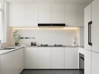 Modern Kitchen Interior Design With White Cabinets White Tile Backsplash Range Hood And Cooktop 3d model
