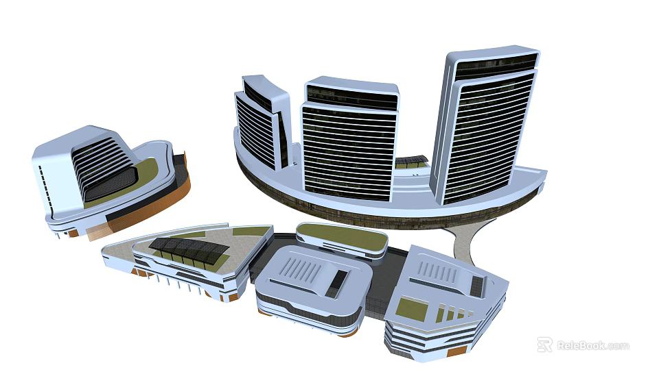 Modern Hotel Building With High Rise Towers Low Rise Structures Curved Design And Green Roofs 3d model 