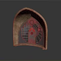 Arched Stone Building Window With Intricate Metal Grid And Circular Design