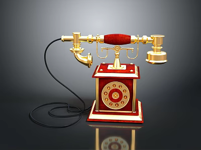 Vintage Red And Gold Dial Telephone With Classic Dial And Black Cord 3d model