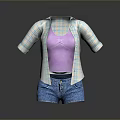 Plaid Shirt Over Purple Tank Top With Blue Denim Shorts Casual Outfit