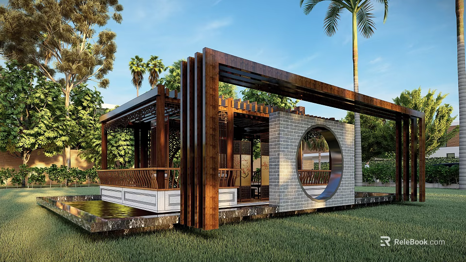 Modern Wooden Pergola Design with Circular Window Brick Walls Palm Trees and Green Lawn 3d model 