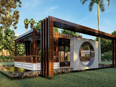 Modern Wooden Pergola Design with Circular Window Brick Walls Palm Trees and Green Lawn 3d model