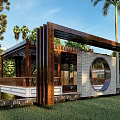 Modern Wooden Pergola Design with Circular Window Brick Walls Palm Trees and Green Lawn