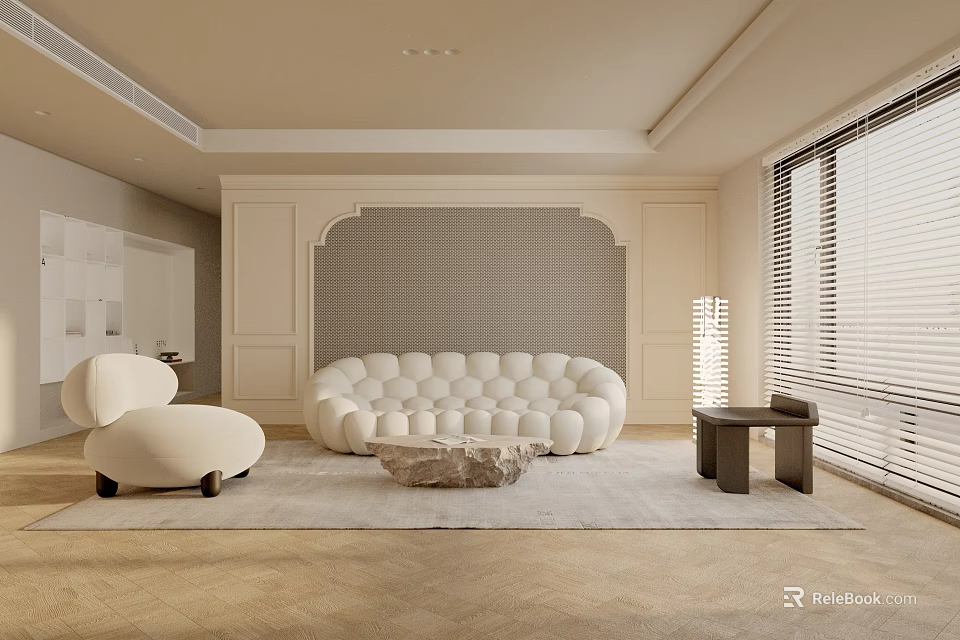 Modern Living Room Interior With Cloud Sofa Accent Chair Stone Coffee Table And Area Rug 3d model 
