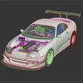 White Modified Sports Car With Open Hood Exposed Engine And Rear Spoiler