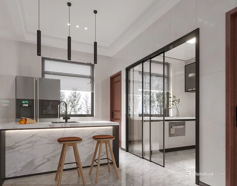 Elegant Modern Kitchen Interior With Marble Countertop Cabinets And Pendant Lights 3d model