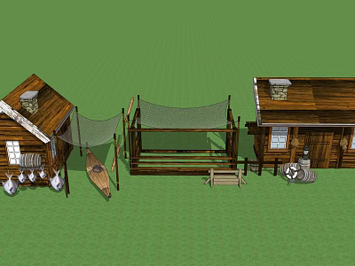 Wooden Cabins Outdoor Scene With Hammock Canoe And Green Grass Platform 3d model