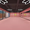 School Dance Studio With Pink Floor Pink Walls Mirrored Walls And Geometric White Ceiling Lights