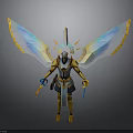 Golden Armored Mythical Warrior With Glowing Blue Wings And Staff