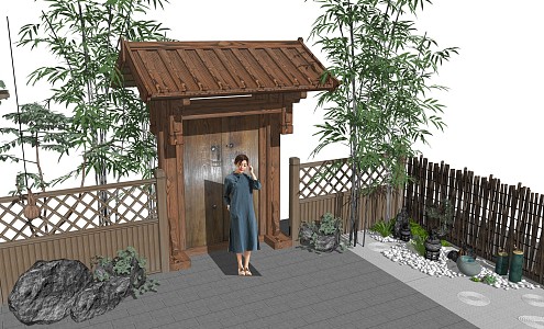 New Chinese Style Gate Courtyard Landscape Door Head Country Fence 3d model