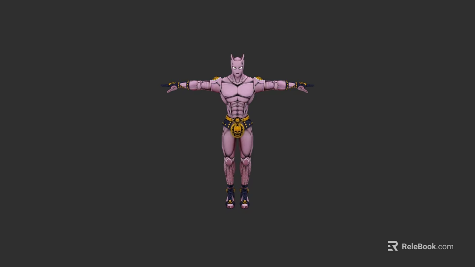 Horned Muscular Game and Movie Character With Purple Body Yellow Belt Arms Outstretched Dark Background 3d model 