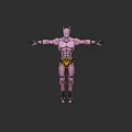 Horned Muscular Game and Movie Character With Purple Body Yellow Belt Arms Outstretched Dark Background