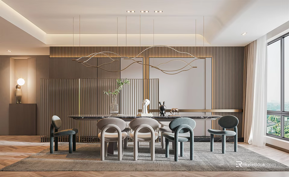 Modern Restaurant Interior With Round Dining Table Colored Chairs And Pendant Lights 3d model