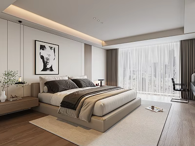Modern Minimalist Bedroom Interior Design With Comfortable Bed Decorative Artwork And Soft Rug 3d model