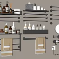Stylish Bathroom Accessories With Black Shelves Towel Racks Toiletry Bottles And Round Mirror